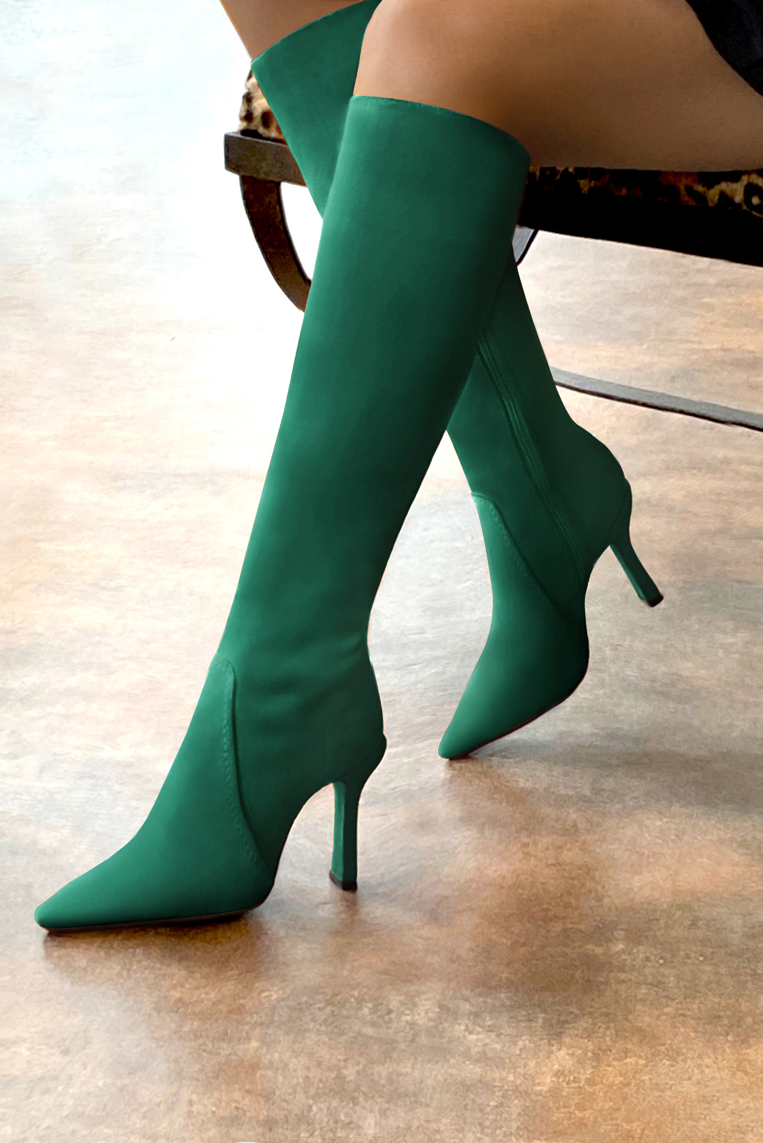 Emerald green women's feminine knee-high boots. Pointed toe. Very high spool heels. Made to measure. Profile view - Florence KOOIJMAN